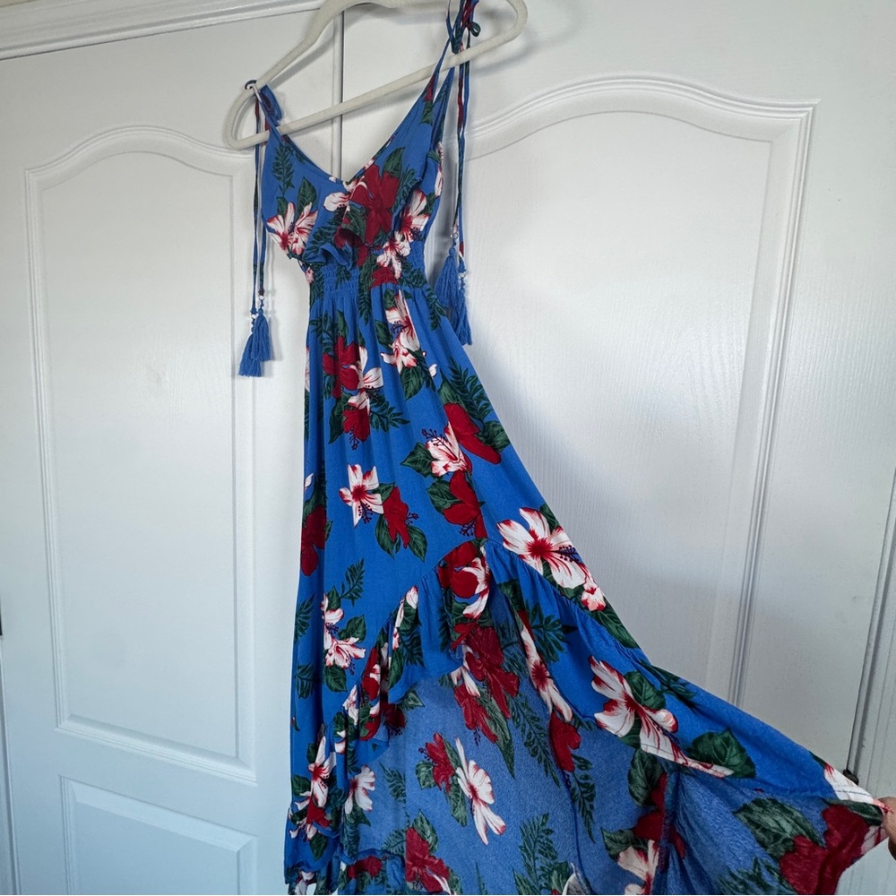 Guess Blue Tropical Floral High Low Ruffle Maxi Dress Extra Small - Picture 3 of 8